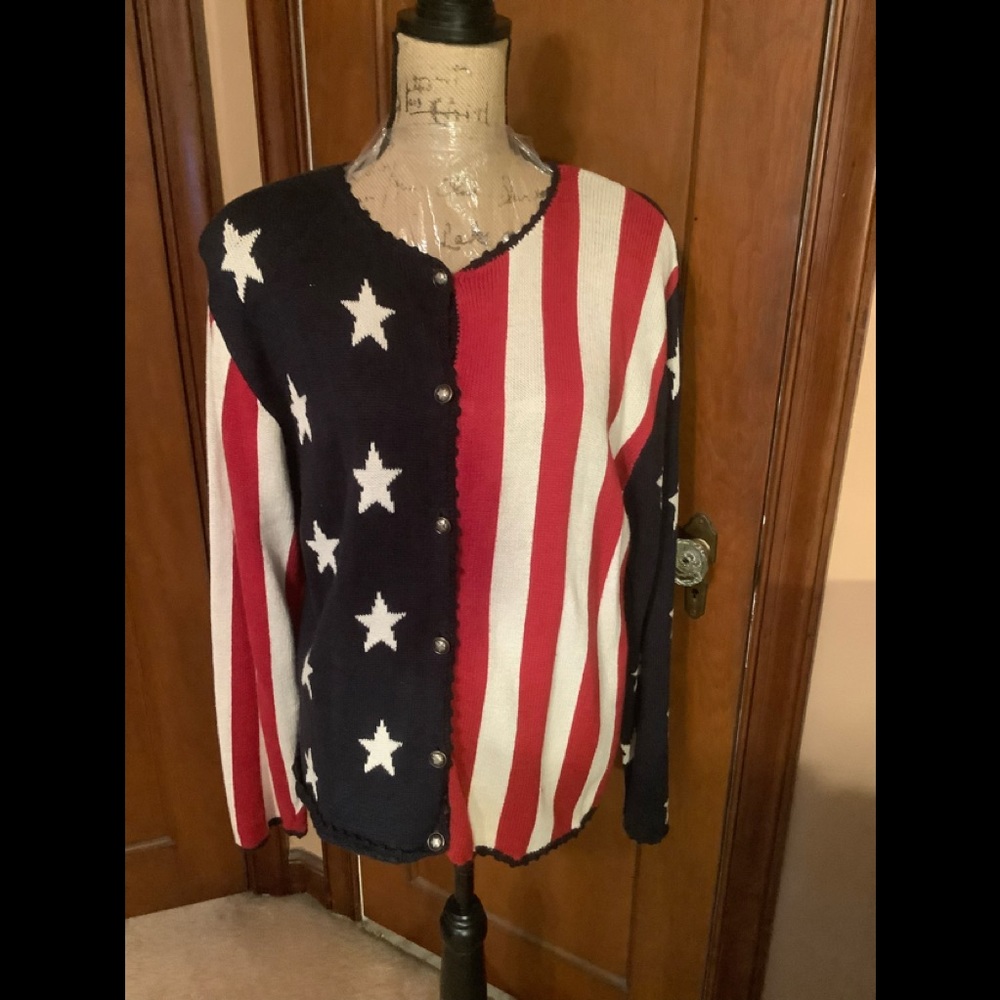 Christopher & Banks, Red,White & Blue Stars & Stripes Cardigan Sweater.